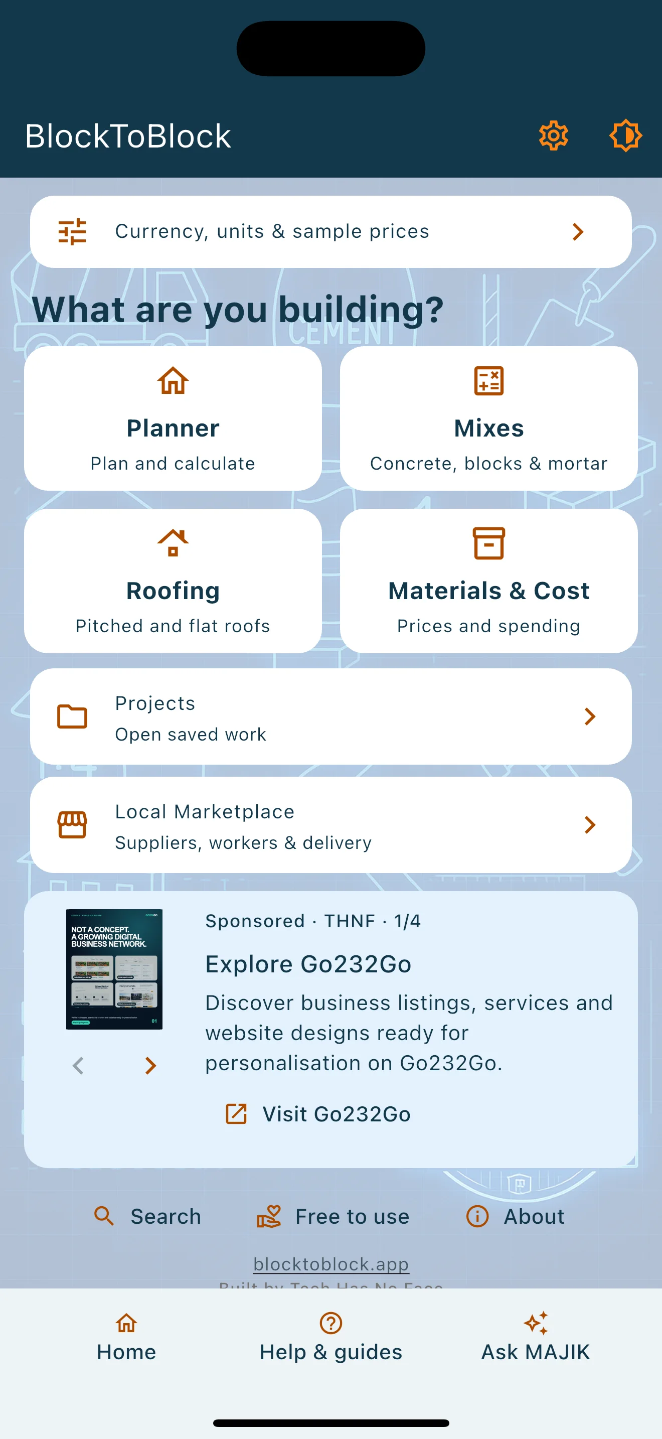 Current BlockToBlock app home screen showing Planner, Mixes, Roofing, Materials and Cost, Projects and Local Marketplace