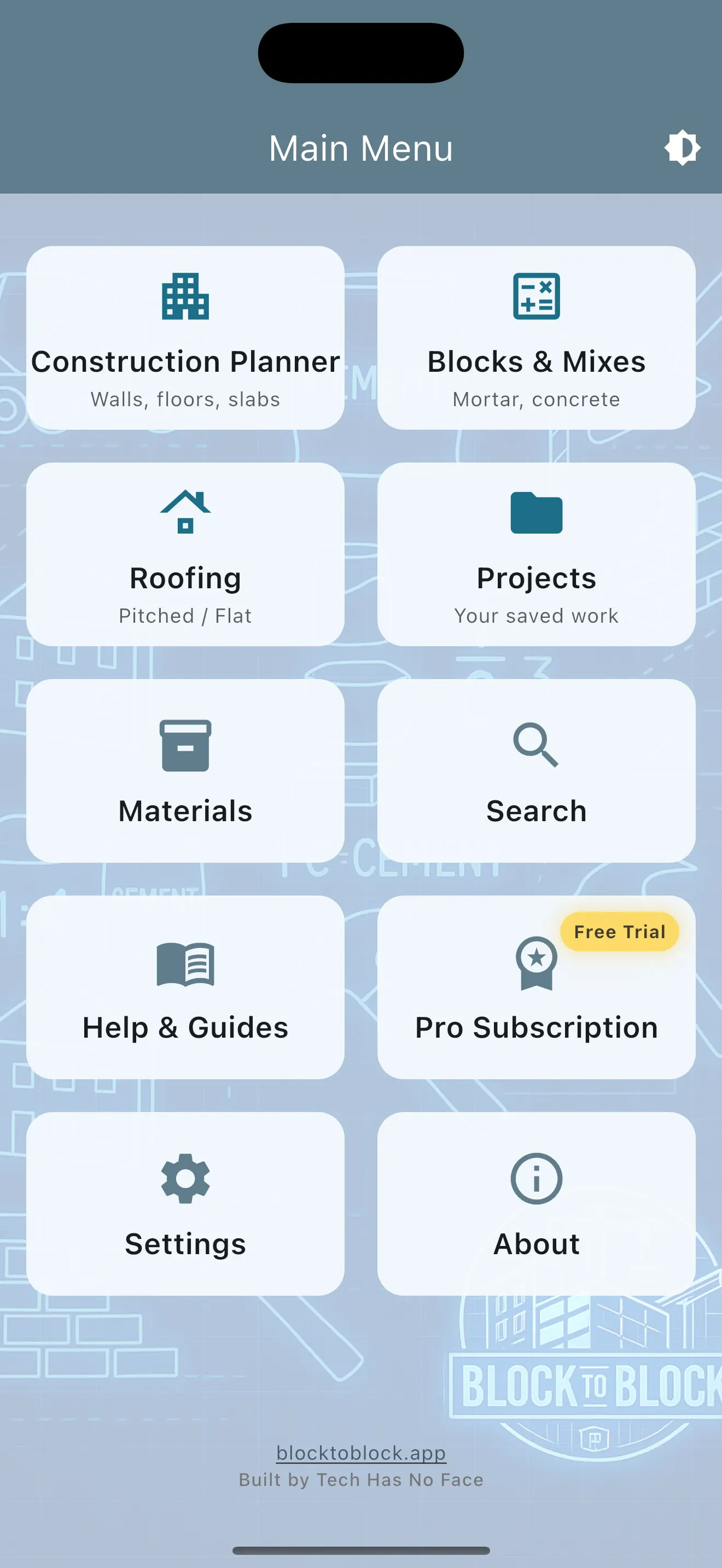 BlockToBlock app main menu with construction planning and estimating tools
