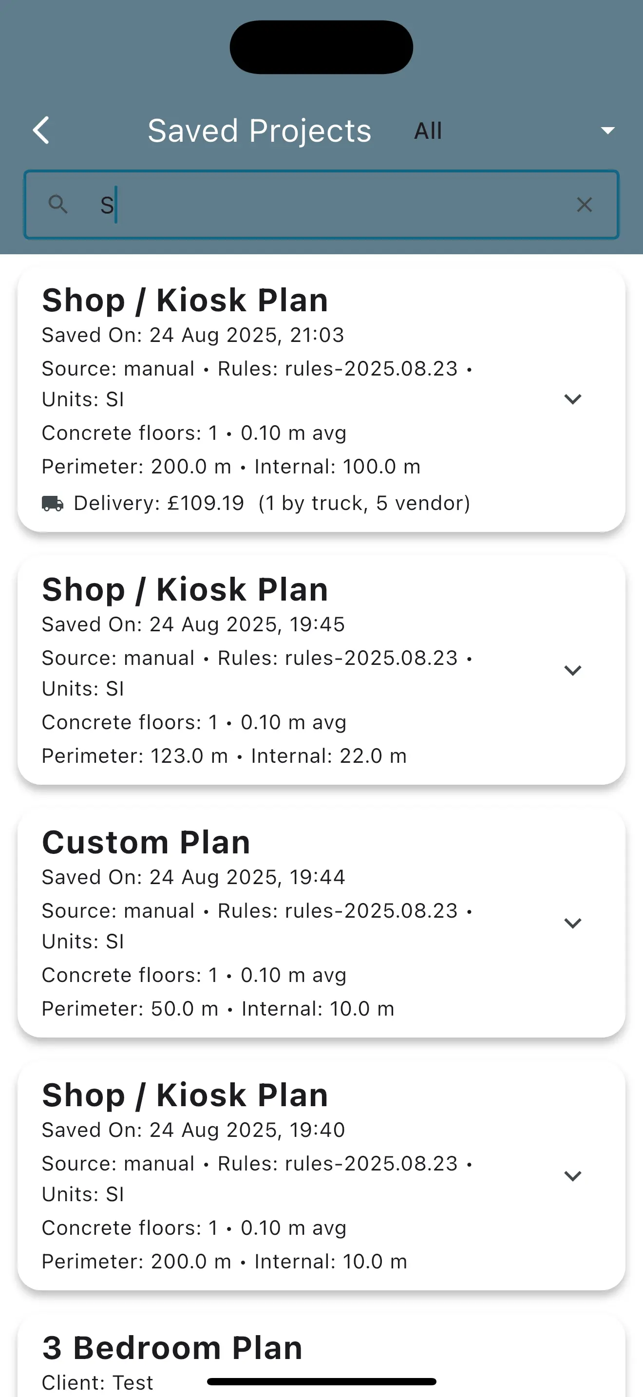 Saved projects screen