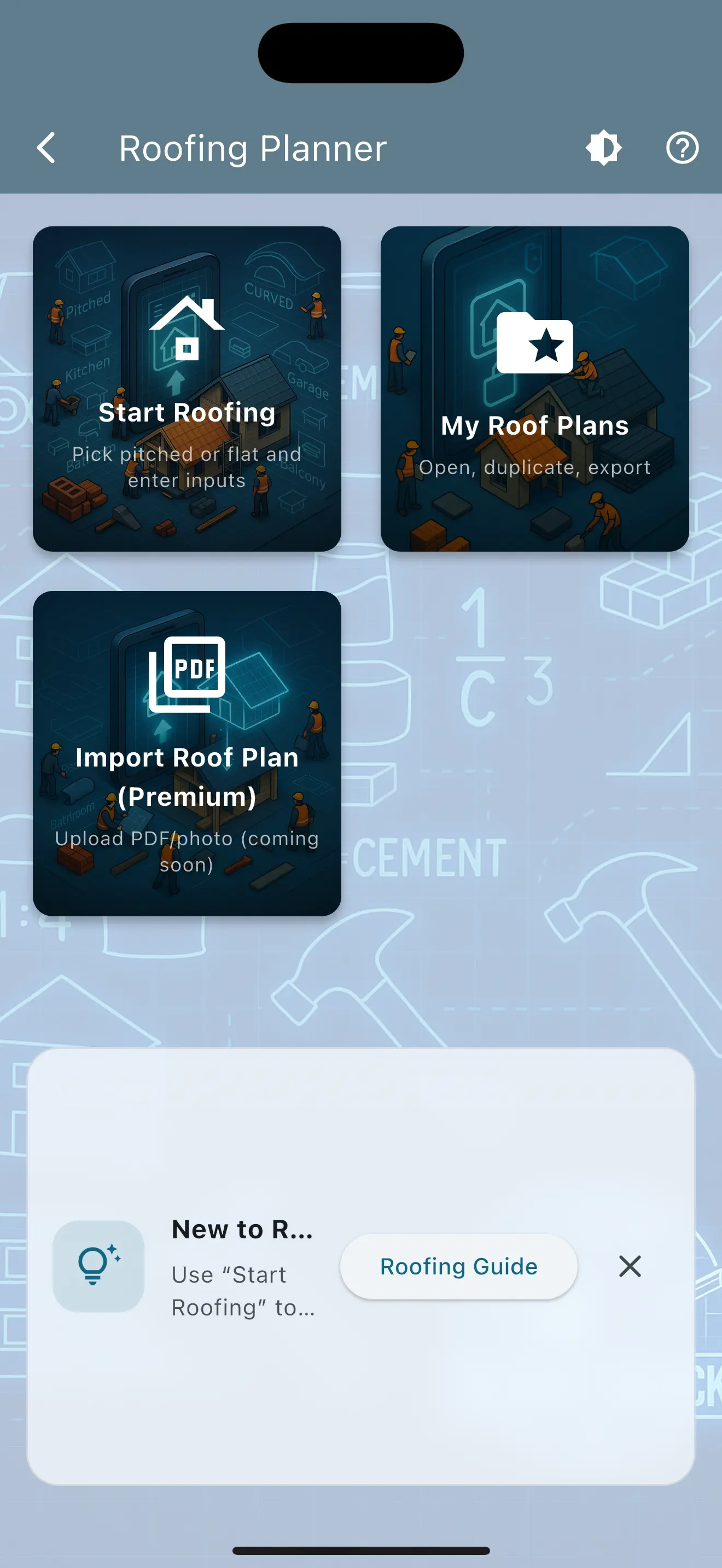 Roofing estimator screen